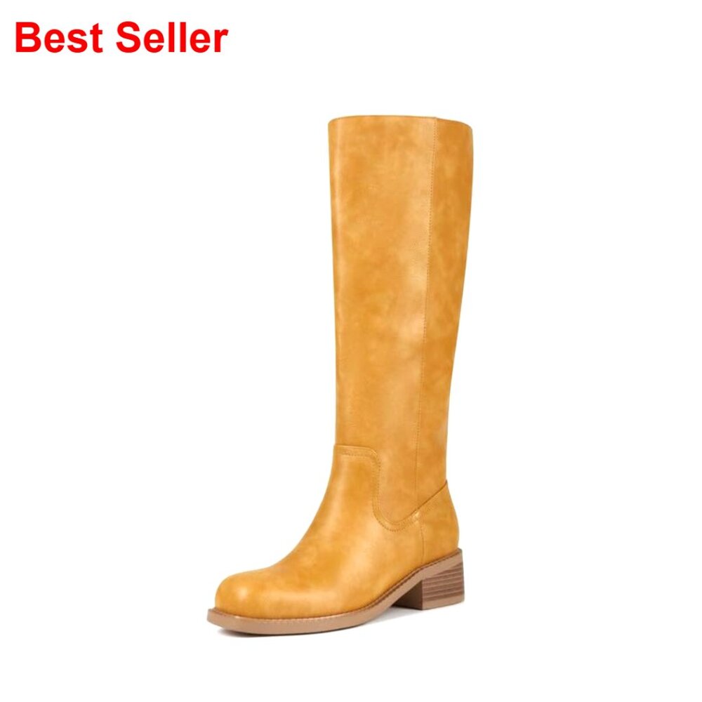 Knee High Boots Square Toe Low Heel Flat Tall Boots Women Chunky Comfortable